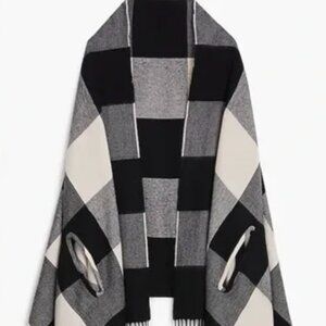 J.Crew plaid cape scarf. Color: Black, Grey, White.  80"H x 27.5"W. Wool/acrylic